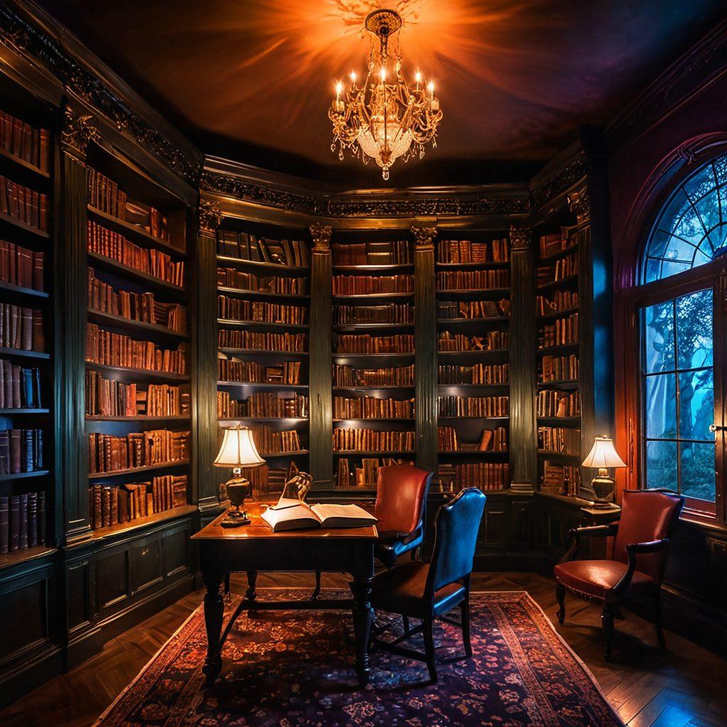 A sensual, mystical library filled with glowing bookshelves where ethereal scenes from erotic stories float around, like whispers of fantasies brought to life. A mix of classic romance and edgy, provocative art adorns the walls, seducing the viewer's imagination. magical realism. vibrant colors. moody lighting.