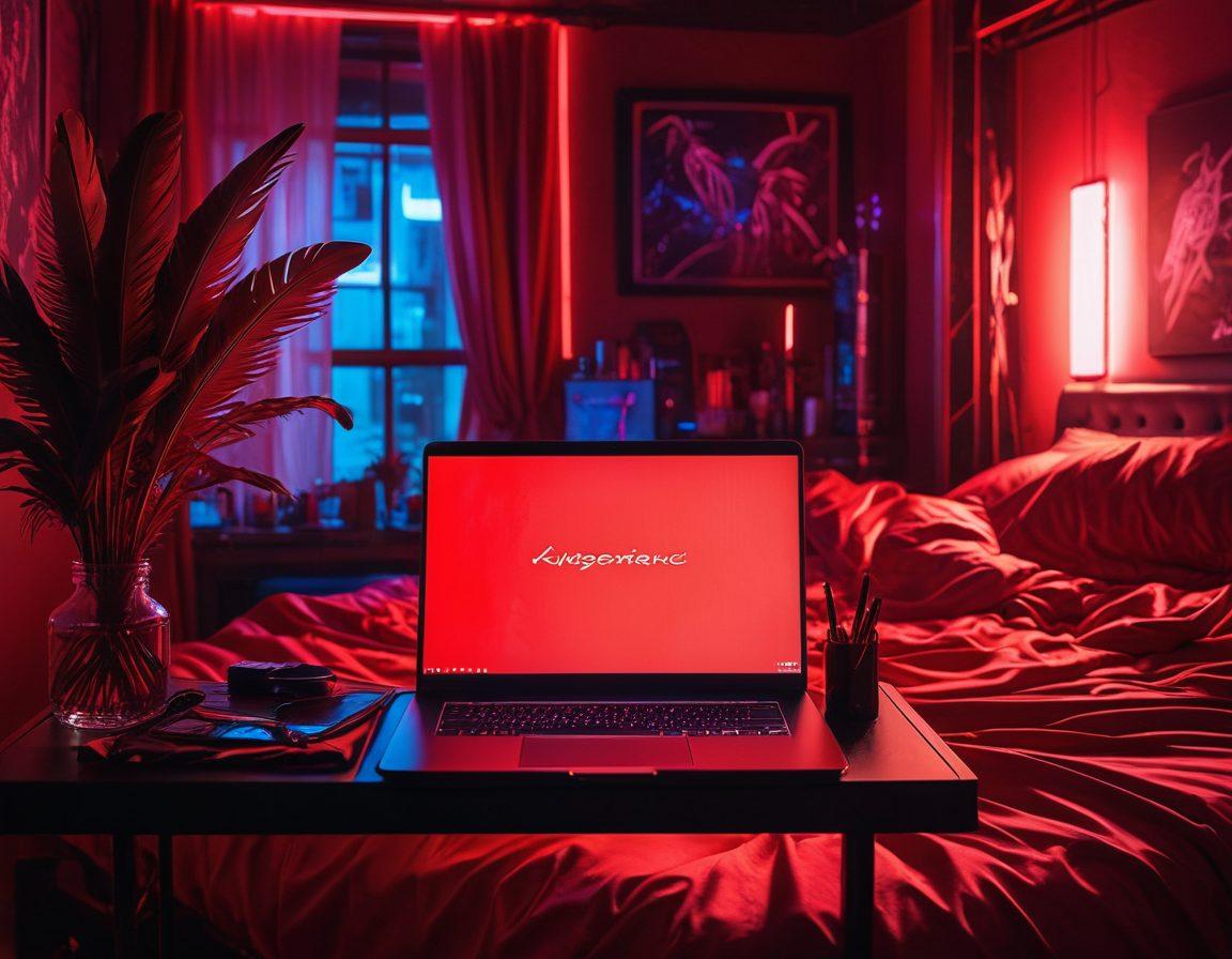A seductive, dimly-lit bedroom scene with glowing neon lights, featuring an open laptop displaying an intimate, steamy story in progress. Erotic symbolism like red silk sheets and a feather pen, with a hint of mystery and allure. Carefully balanced between sophistication and sensuality. cyberpunk. vibrant colors. moody lighting.