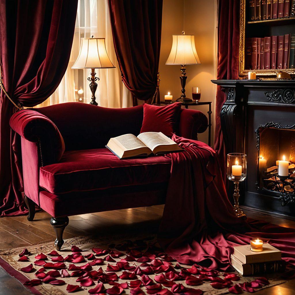 A candle-lit room with silk drapes, a plush velvet chaise longue, and a semi-open book radiating a soft glow, surrounded by rose petals. The ambiance should evoke mystery and allure, with shadows dancing on the walls, hinting at untold secrets. Include a delicate perfume bottle and a glass of red wine on a nearby table. painting. warm colors. sensuous and captivating.